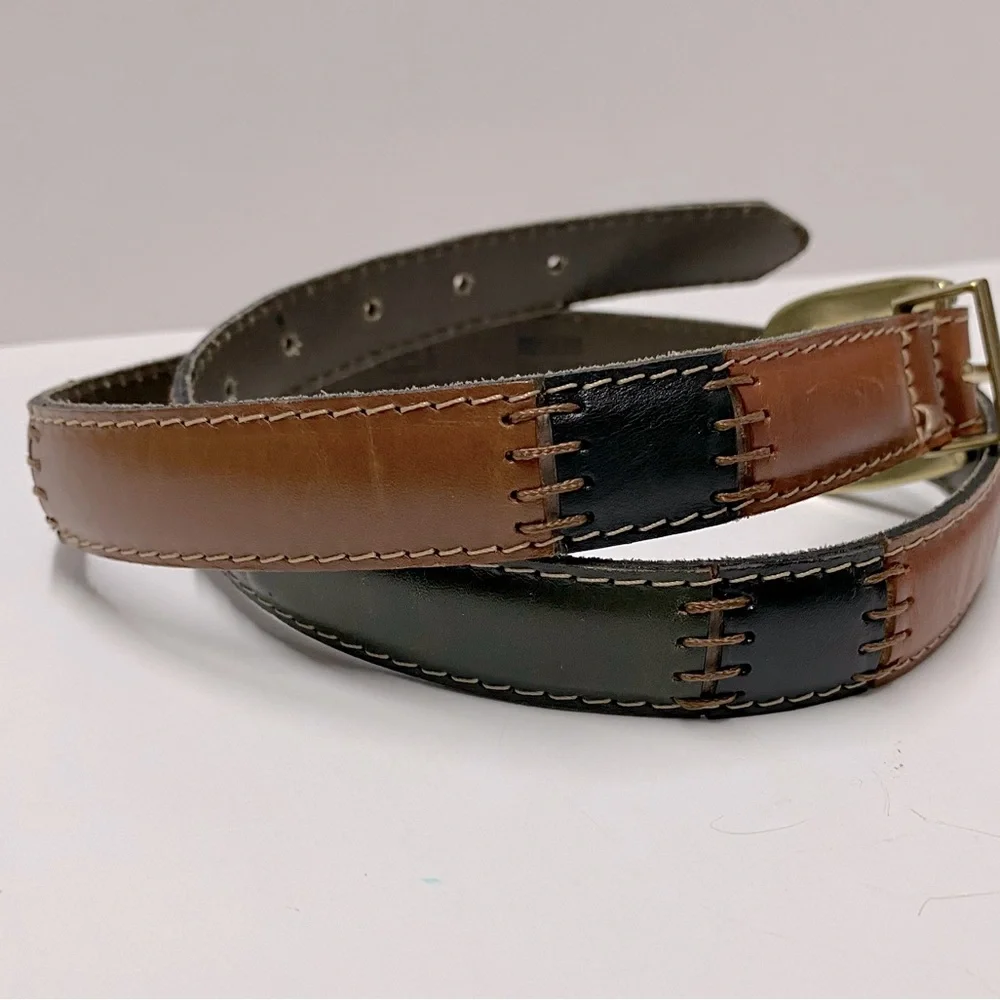 Fossil Leather Belt Color Block Patchwork Stitched Brown Red Green Sz M